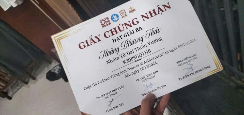 giấy khen giải 3 cuộc thi postcard tiếng anh